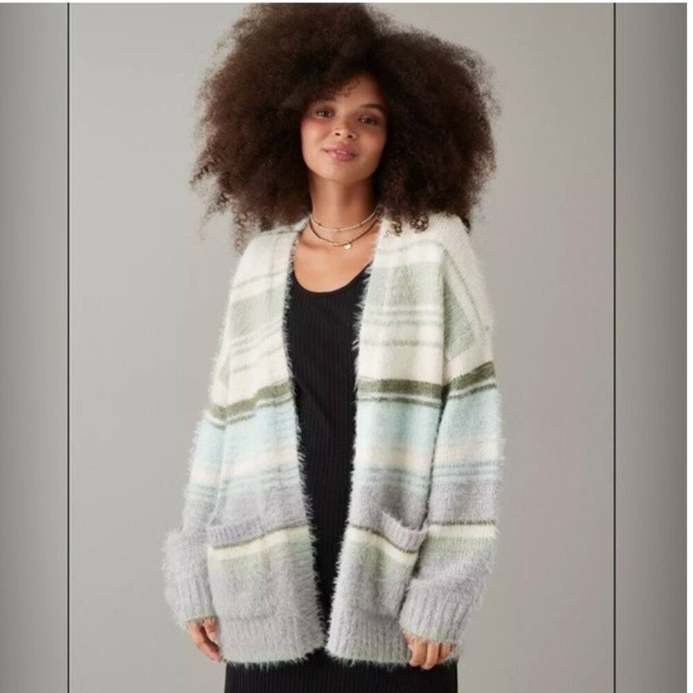 American Eagle Women Striped Open Front Cardigan Sweater Fuzzy Pocket Size XS